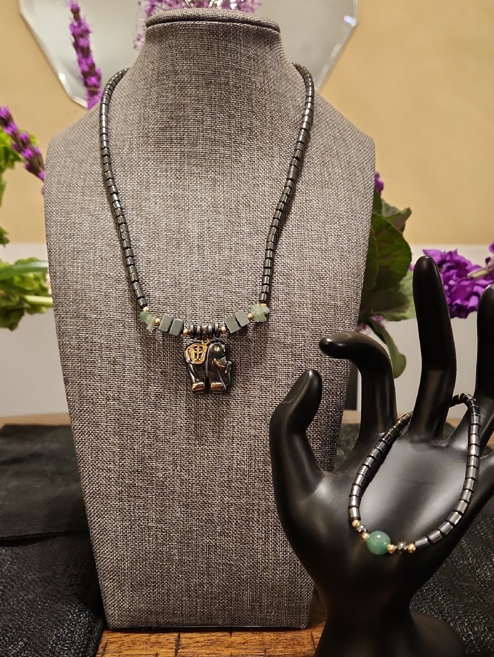 Handcrafted Black Hematite Elephant Necklace with Green Accent